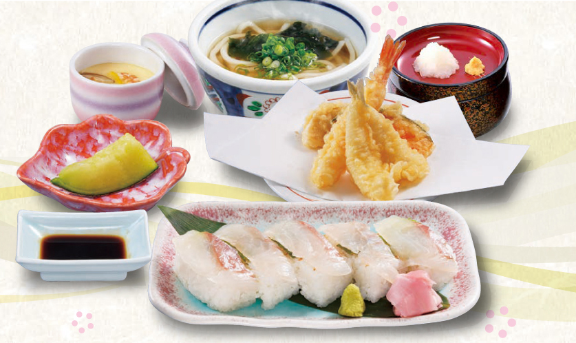 桜鯛の押し寿司と季節の天ぷら御膳